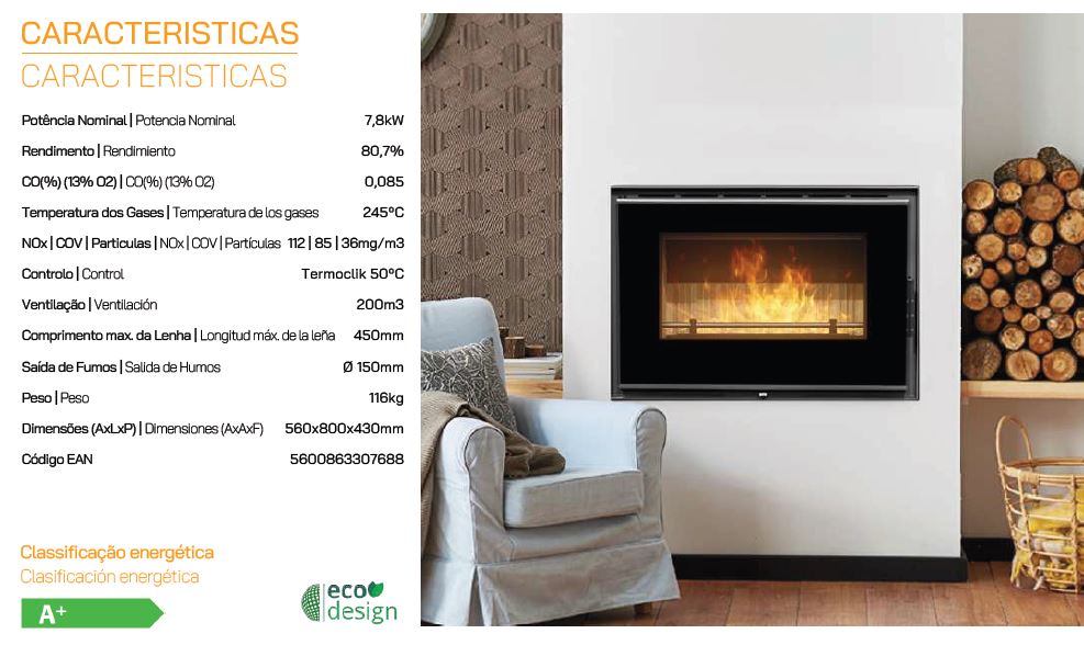 INSERTABLE CHIMENEA LEÑA CANALIZABLE CRISTAL VITRIFICADO ELOS 80 VITRUS 7,8kW METLOR