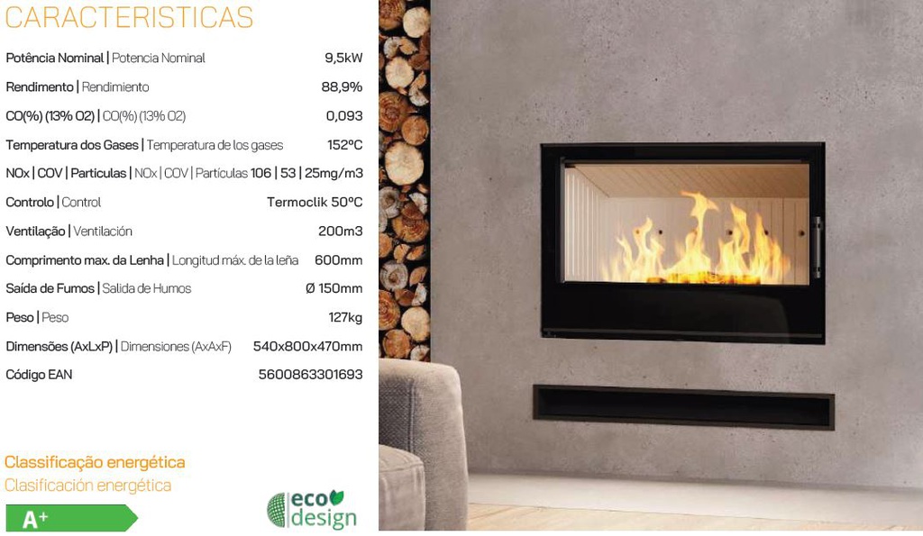 INSERTABLE CHIMENEA LEÑA CANALIZABLE ELOS ECOLUX 80 9,5kW METLOR