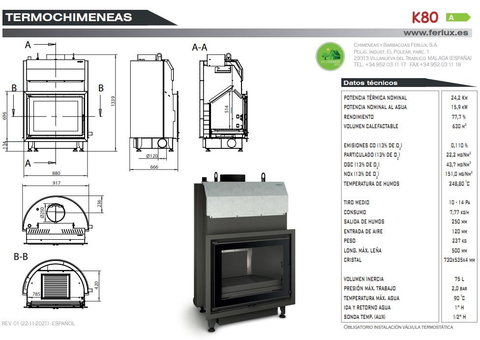 Ficha técnica chimenea de leña para AGUA K-80